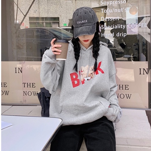 ZHELIHANGFEI Áo Hoodie Tay Dài Form Rộng Họa Tiết Gấu Theo Phong Cách Preppy Dễ Phối Đồ