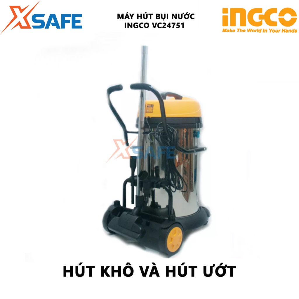 Máy hút bụi INGCO VC24751 1200W, hút bụi khô và ướt, dung tích 75L, bình chứa thép không gỉ, dây cáp 5.5m, kèm phụ kiện