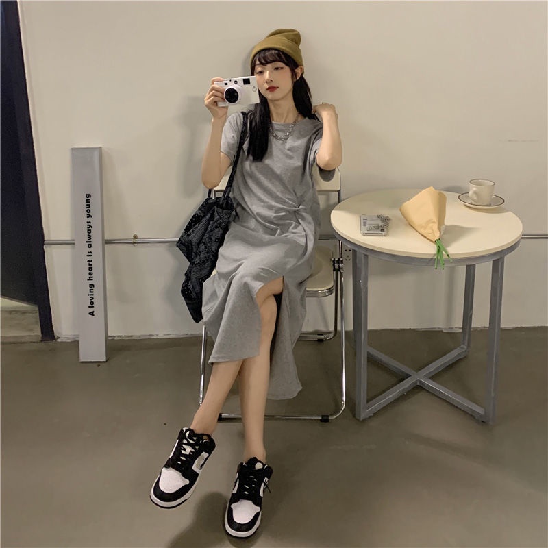 Đầm thun dài IELGY dáng rộng xẻ tà kiểu đơn giản thời trang cho nữ