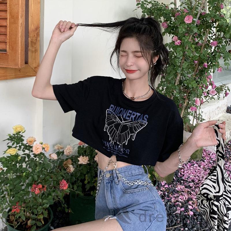 DRE-Women Summer T-Shirt , Short Sleeve Round Collar Butterfly Letters Print Metal Chain T-Shirt