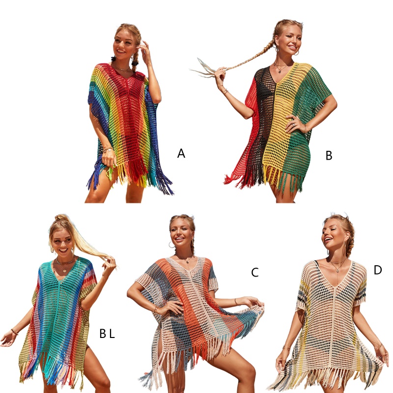 Brroa Đầm Dệt Kim Tay Ngắn Dáng Rộng Cổ Chữ V Màu Cầu Vồng Thời Trang Đi Biển Mùa Hè Cho Nữ