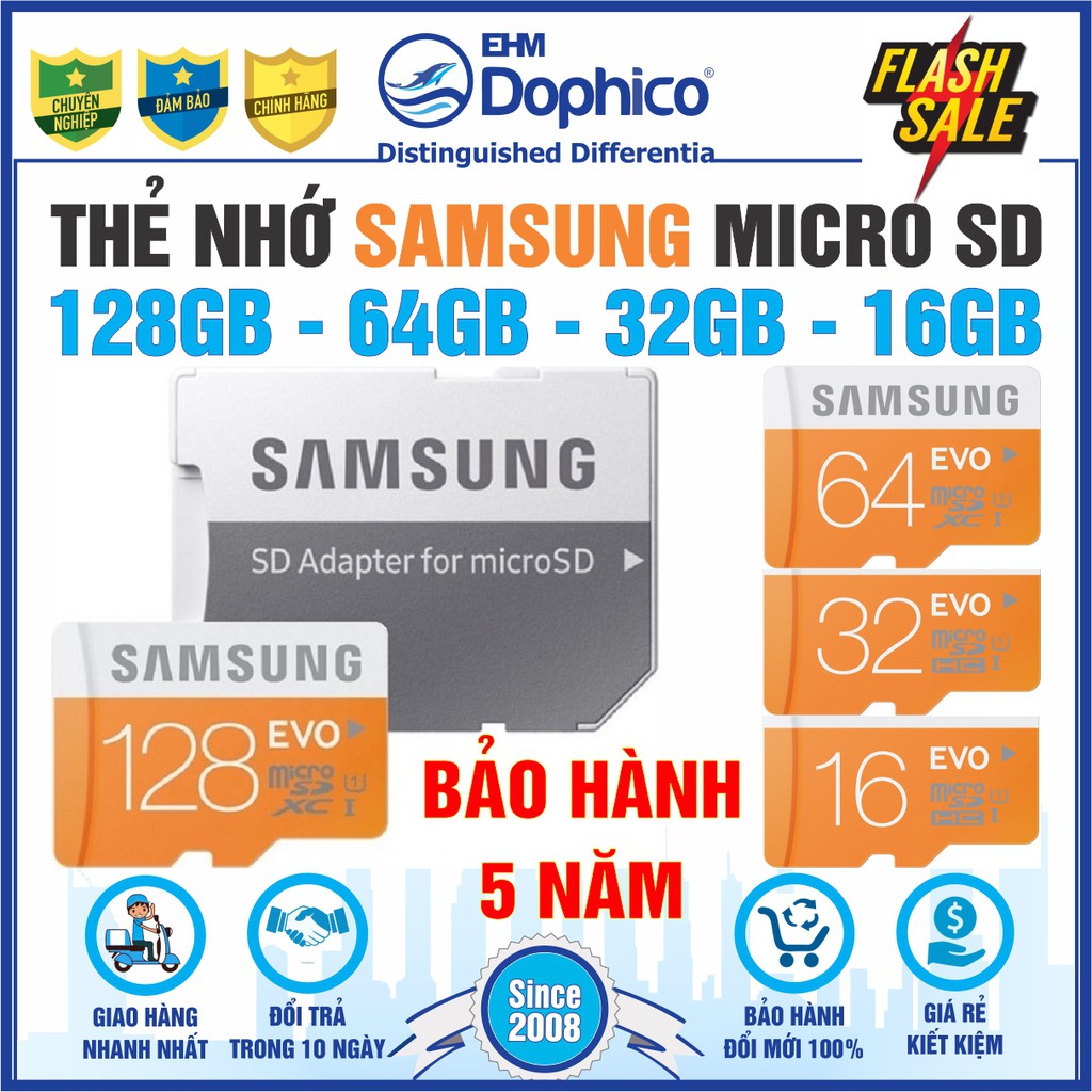 
                        Thẻ nhớ Samsung 128GB/64GB/32GB/16GB – MicroSD SAMSUNG EVO PLUS – CHÍNH HÃNG – Bảo hành 5 năm – Kèm Adapter
                    