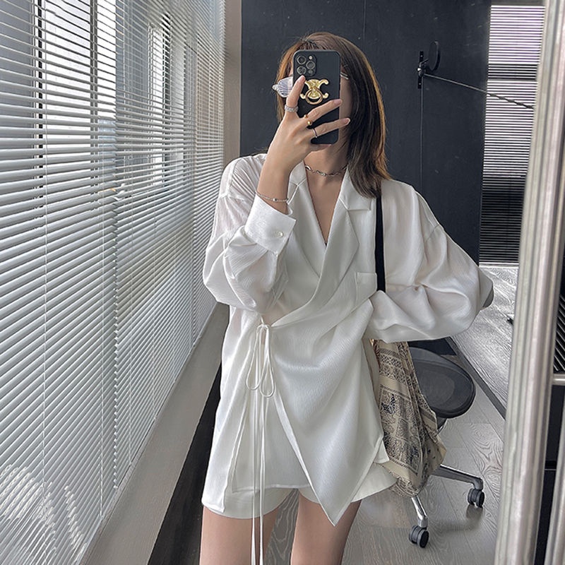 Áo khoác chiffon tay dài dáng ôm màu trắng/xanh lá thời trang Hàn Quốc