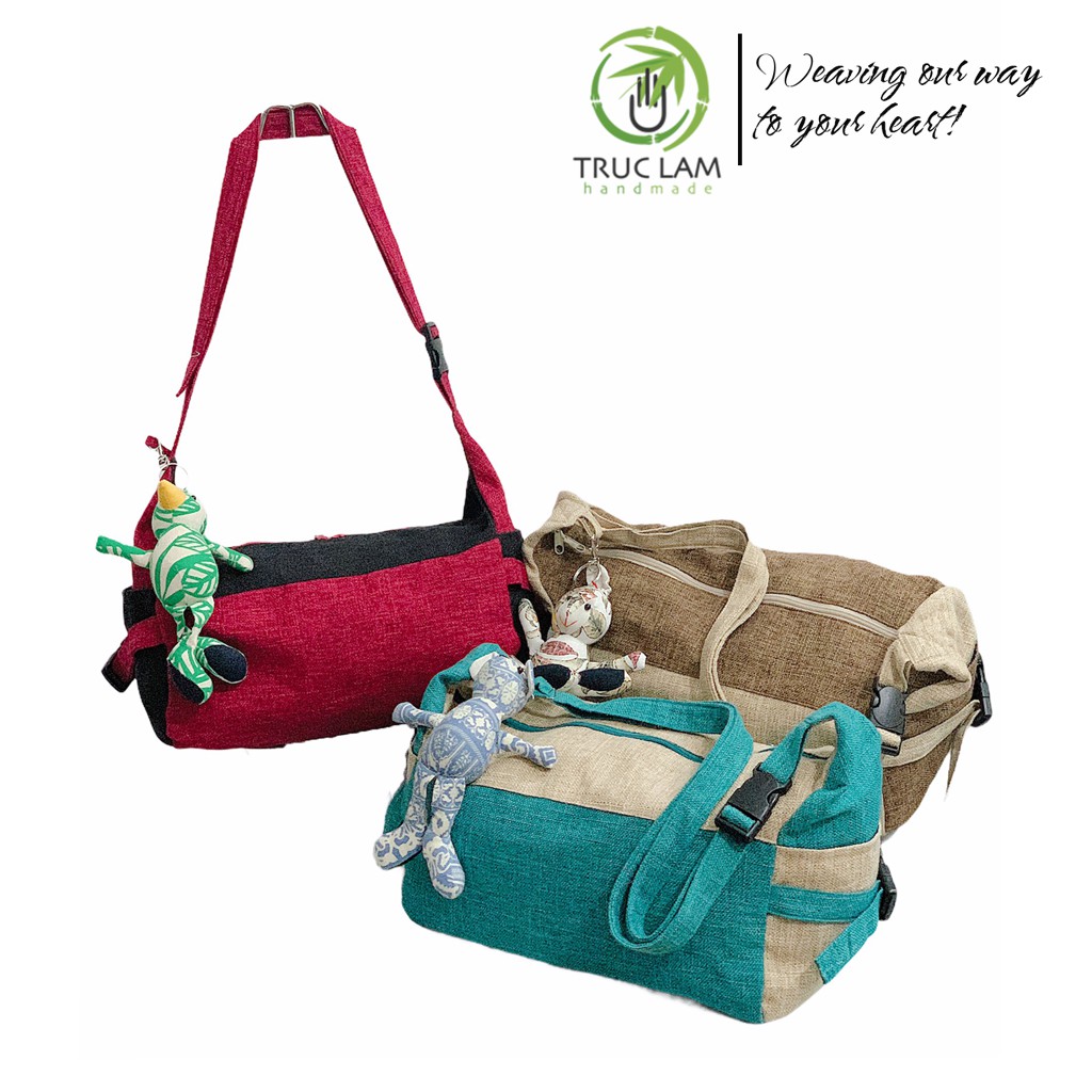 Túi Trống Túi Du Lịch Đeo Chéo Vải Gai Gắn Thú Nhồi Bông - Trúc Lâm Handmade