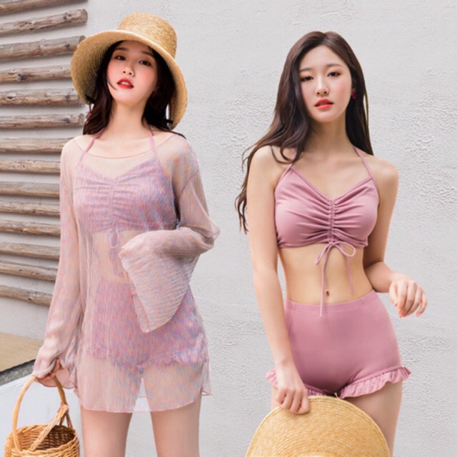 Bikini đồ bơi nữ 3 mảnh kèm áo voan áo tắm chống nắng 2020