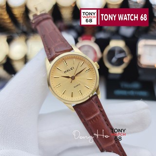 Đồng hồ cặp đôi nam nữ Halei viền vàng dây da siêu mỏng Tony Watch 68