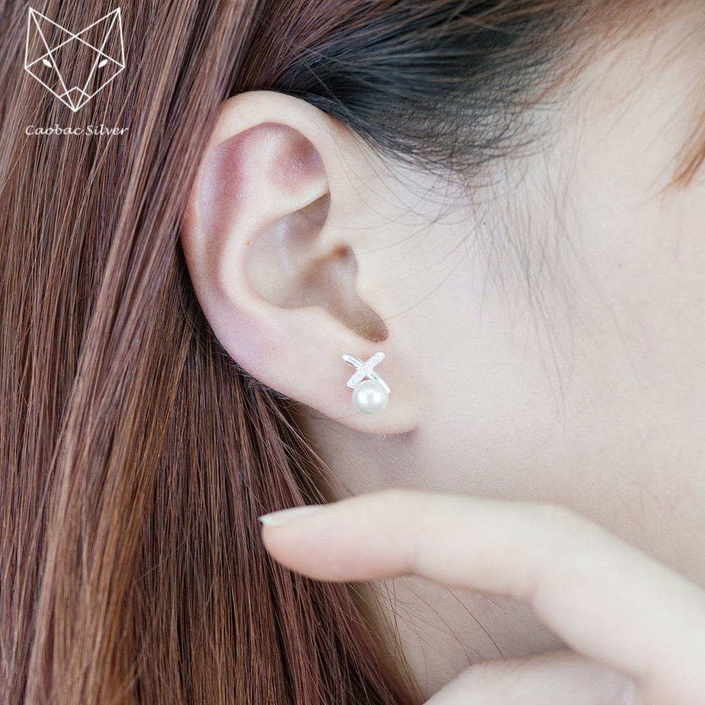 Khuyên Tai Bạc Ta Caobac Silver Bông Nụ Bạc Mặt Thiết Kế Chữ X Đính Hạt Cao Cấp Sang Trọng Quà Tặng Phụ Nữ Lịch Sự