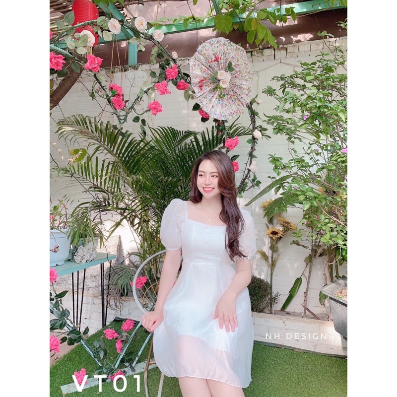 [ VT01 ] VÁY TK CỔ VUÔNG TAY BỒNG KHUY NG