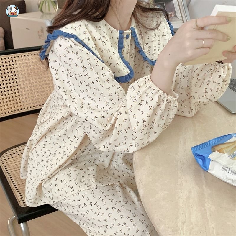 Bộ Đồ Ngủ Tay Dài Cổ Thủy Thủ Bằng Vải cotton In Hoa Thời Trang Mùa Thu Hàng Mới Dành Cho Bạn Nữ