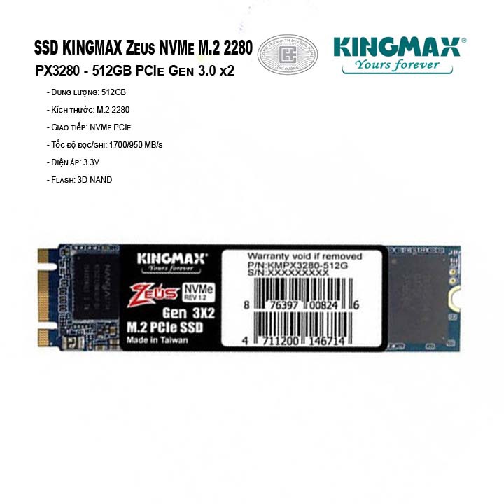 Ổ cứng SSD M.2 PCIe KINGMAX ZEUS PX3280 NVMe dung lương 128GB/256GB/512GB chính hãng Bảo hành 36 tháng 1 đổi 1