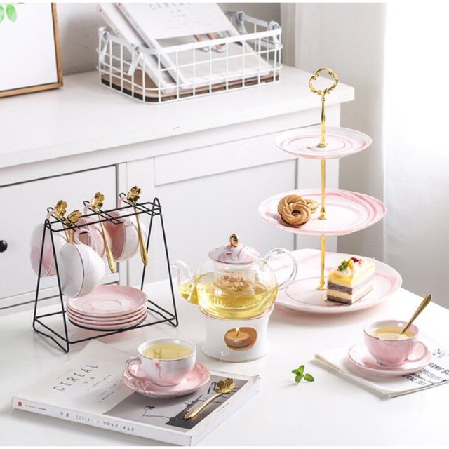 Bộ ấm trà chiều gốm sứ vân đá xám hồng viền vàng tinh tế cao cấp sang trọng
