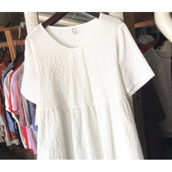 Đầm suông trắng form rộng vải thô đũi_hàng đẹp