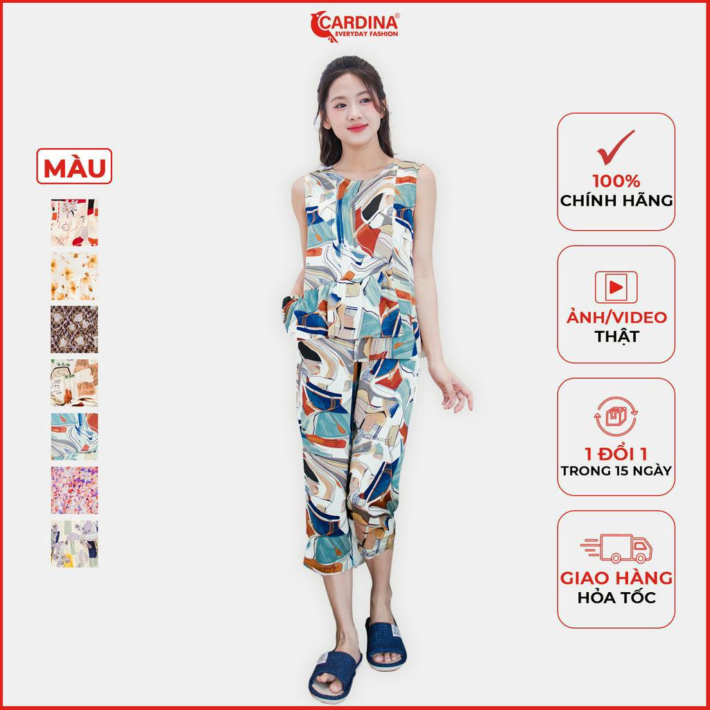Đồ bộ nữ CARDINA chất lụa satin nhật cao cấp áo sát nách bèo lệch quần lửng họa tiết 3SF03