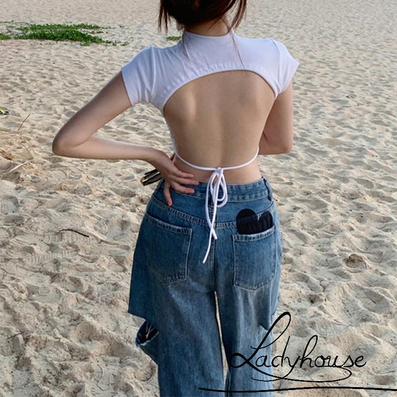 Áo Thun Crop Top Tay Ngắn Cổ Rùa Hở Lưng Màu Sắc Trơn Dành Cho Nữ