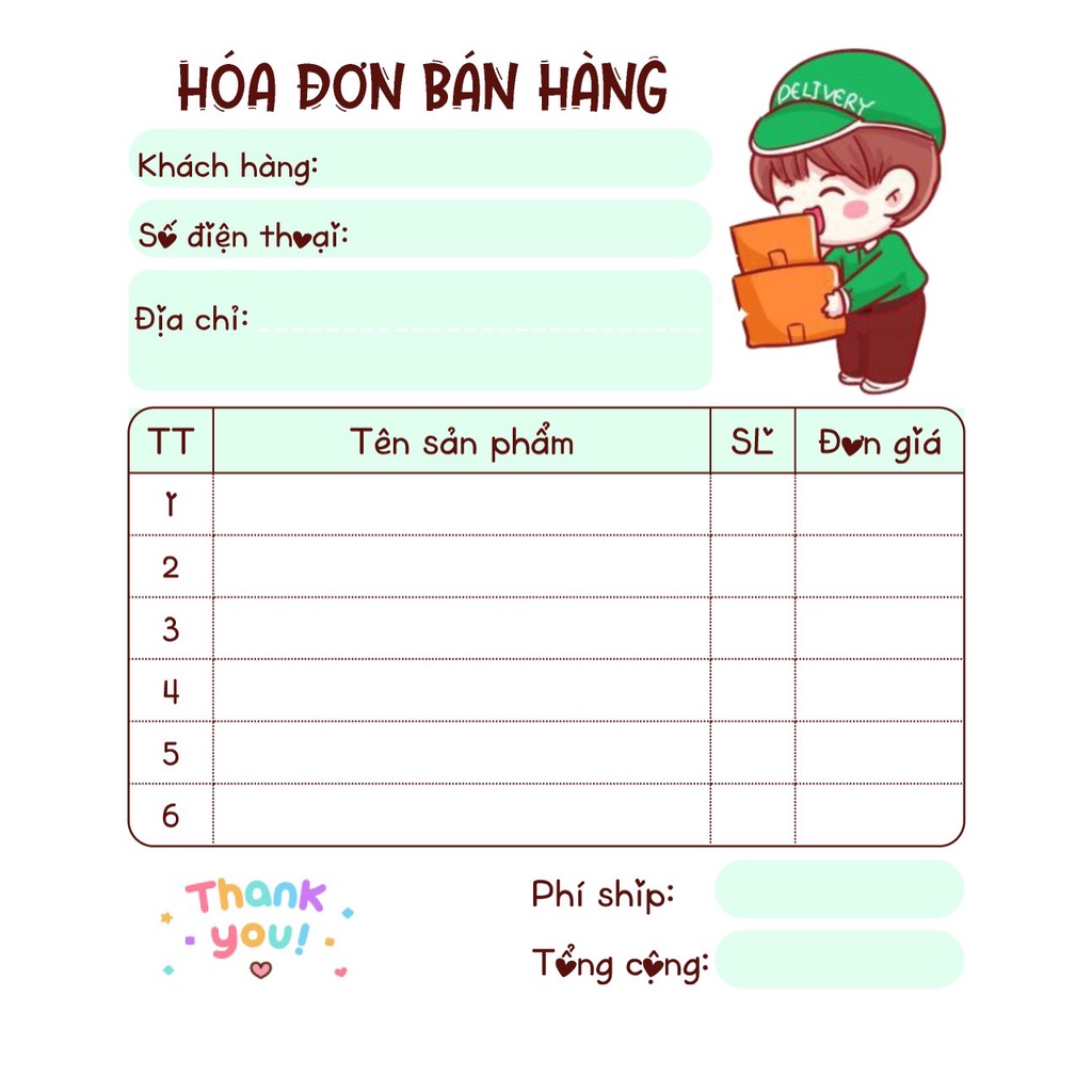 Hoá đơn bán hàng mini 1 liên dễ thương 9x 10 ngẫu nhiên