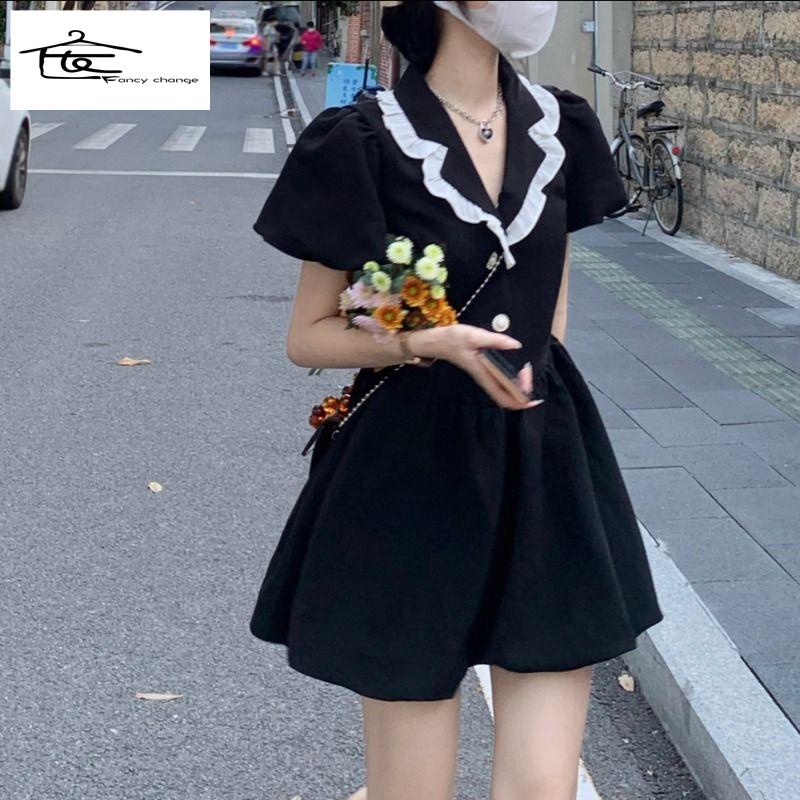 Đầm Ngắn Tay Phồng Màu Đen Phong Cách Pháp Cổ Điển Thời Trang Mùa Xuân Cho Nữ 2022