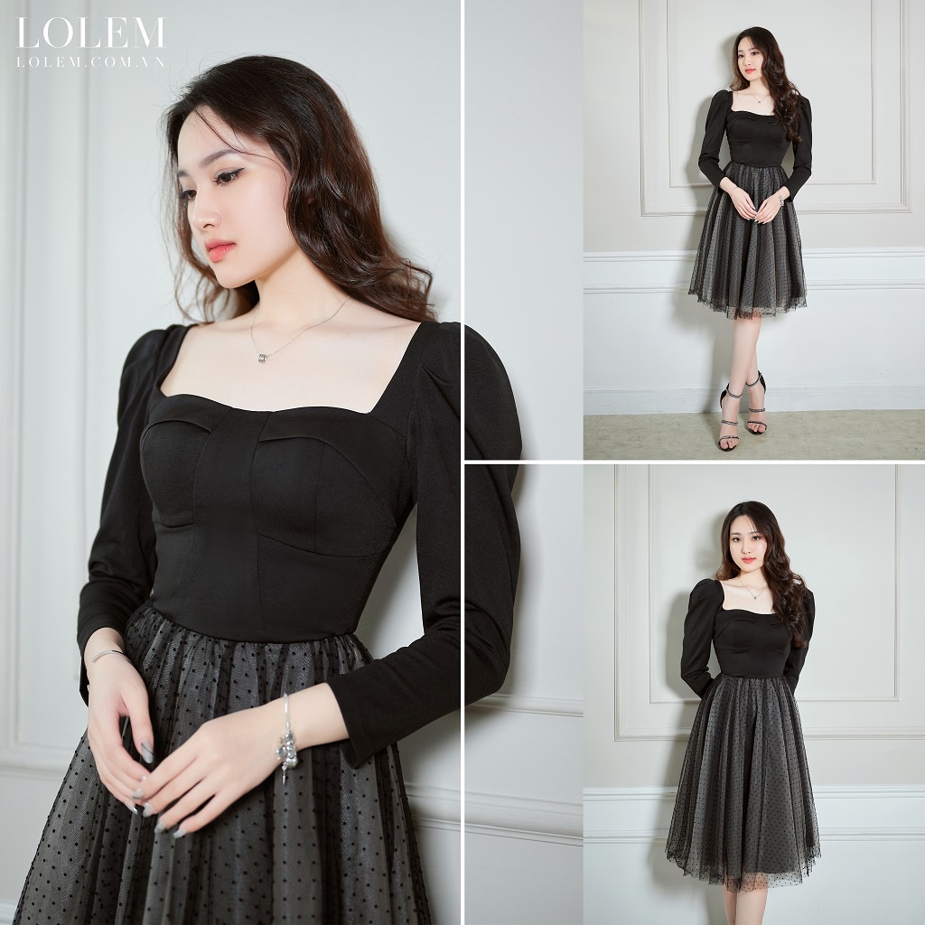 Đầm xòe LOLEM Clothing nữ cổ vuông chất umi dáng dài chân phối lưới tay dài xinh đẹp - Dx279