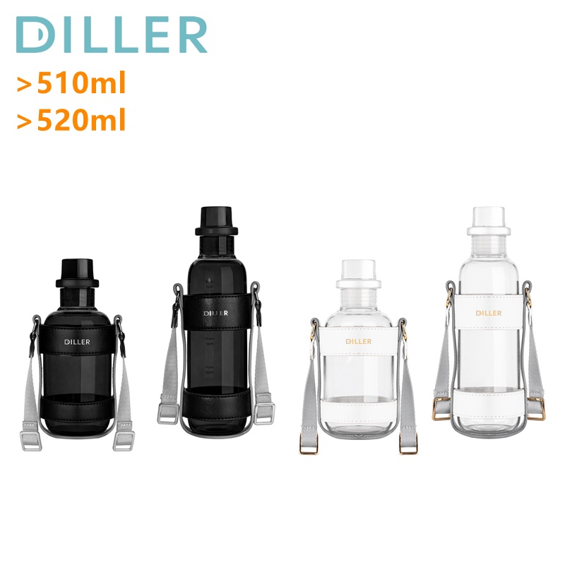 Bình nước DILLER MLH552 bằng thủy tinh có dây đeo da dung tích 510ml / 520ml