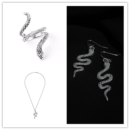Cod Qipin Bộ Trang Sức Vòng cổ Nhẫn Bông Tai Hình Rắn Phong Cách Punk Hàn Quốc Thời Trang Dành Cho Cặp Đôi Pop Ccessories