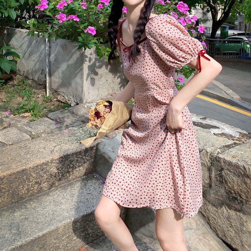 Đầm Hoa Cổ Vuông Thắt Nơ Phong Cách Nhật Bản Mới Dành Cho Nữ