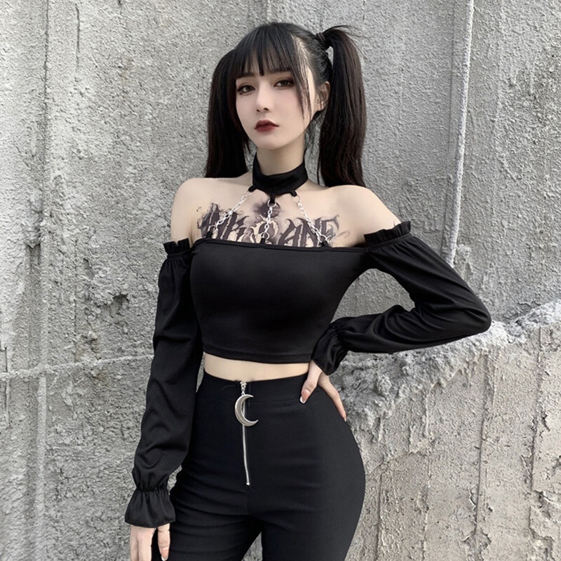 Áo croptop tay dài trễ vai phối dây xích thời trang quyến rũ cho nữ
