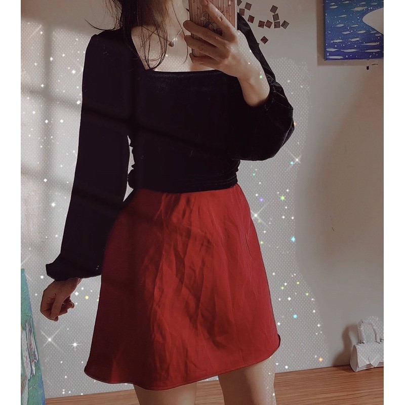 (pass) (New) Chân váy lụa màu đỏ đun