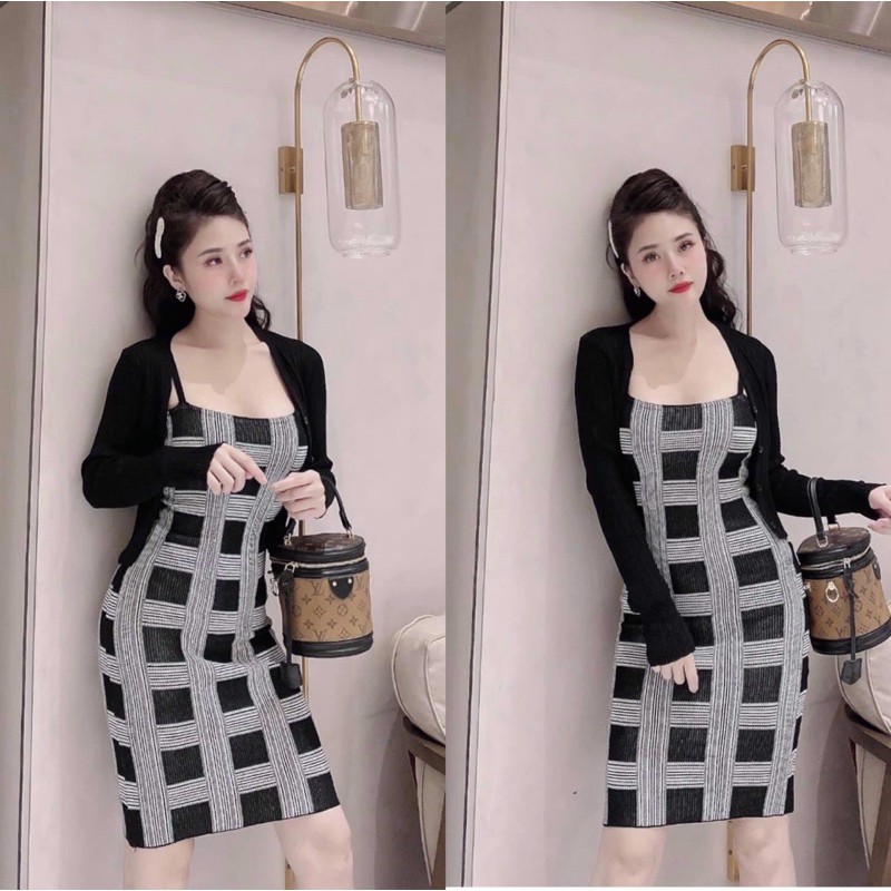 [MUA 1 ĐƯỢC 2] Set Trang Phục Nữ Cadigan Len Phối Váy Dây Kẻ Body_Phong Cách Hàn Quốc | BigBuy360 - bigbuy360.vn
