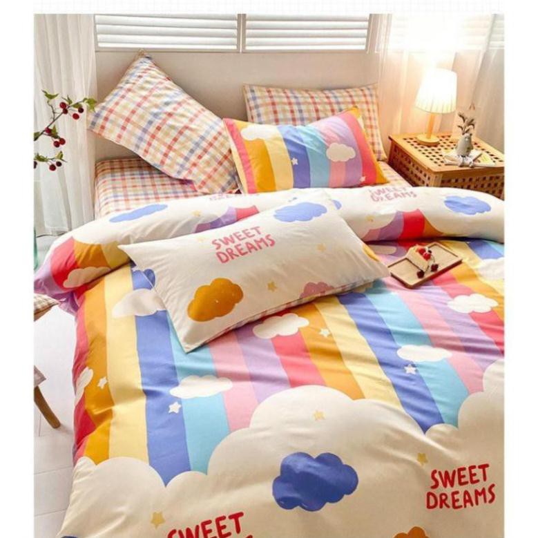 [SALE SỐC]Bộ chăn ga phong cách Hàn Quốc - Drap giường cotton poly nhập khẩu họa tiết cầu vồng_Hàng không bao gồm ruột