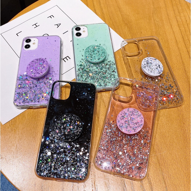 Glitter Bling Sequins Case Soft Silicone TPU Mirror Stand Holder Back Cover casing OPPO A15 A15s Reno 5 4G A12 A31 A52 A92 A93 A33 A53 A5 A9 2020