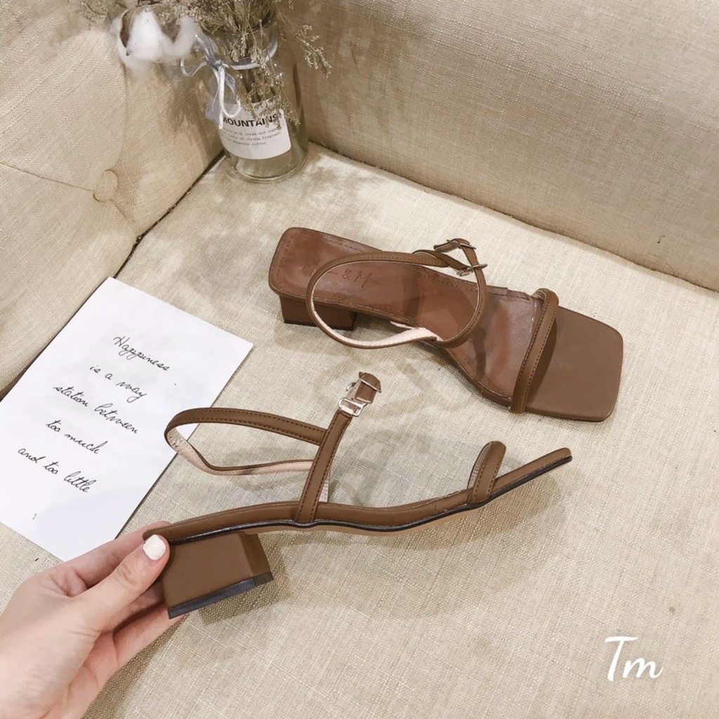 Sandal quai mảnh 2 cầu mũi vuông đen nâu gót trụ thấp - 3P