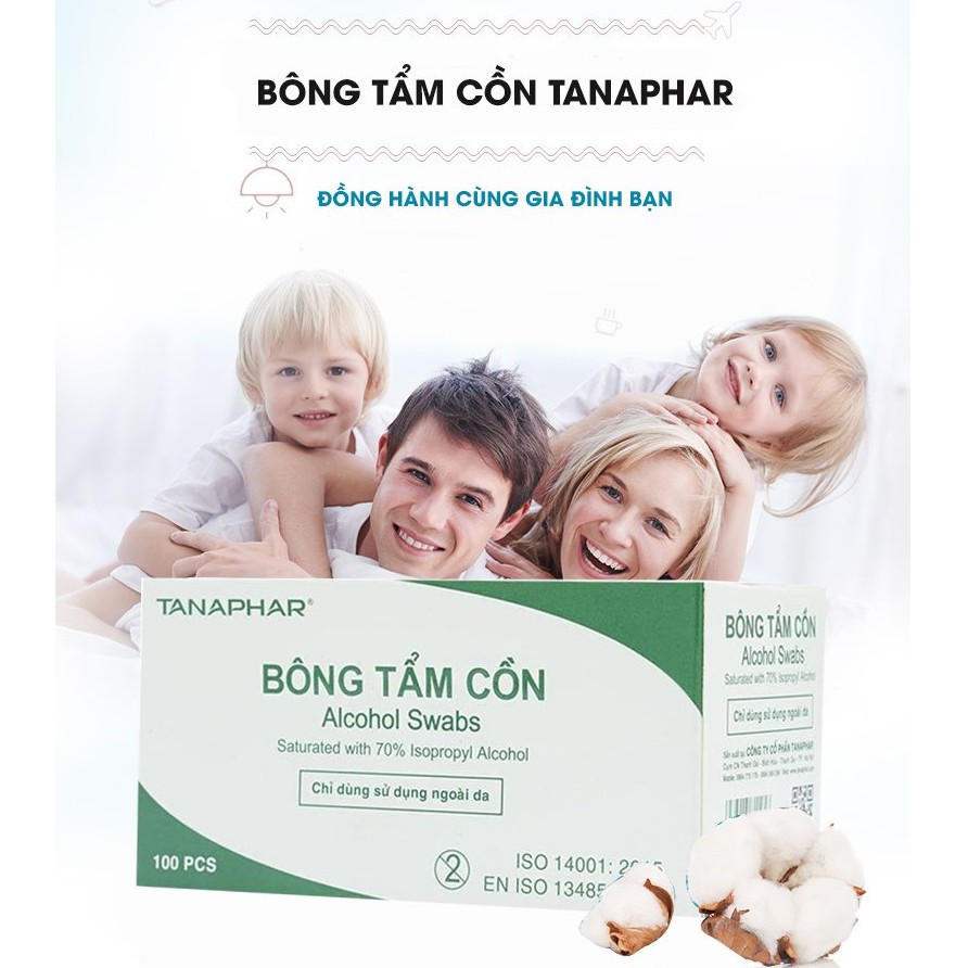 Bông tẩm cồn sát trùng TANAPHAR 100 miếng/ hộp - Bông tẩm cồn Tanaphar khử khuẩn vật dụng, sát khuẩn trước khi tiêm