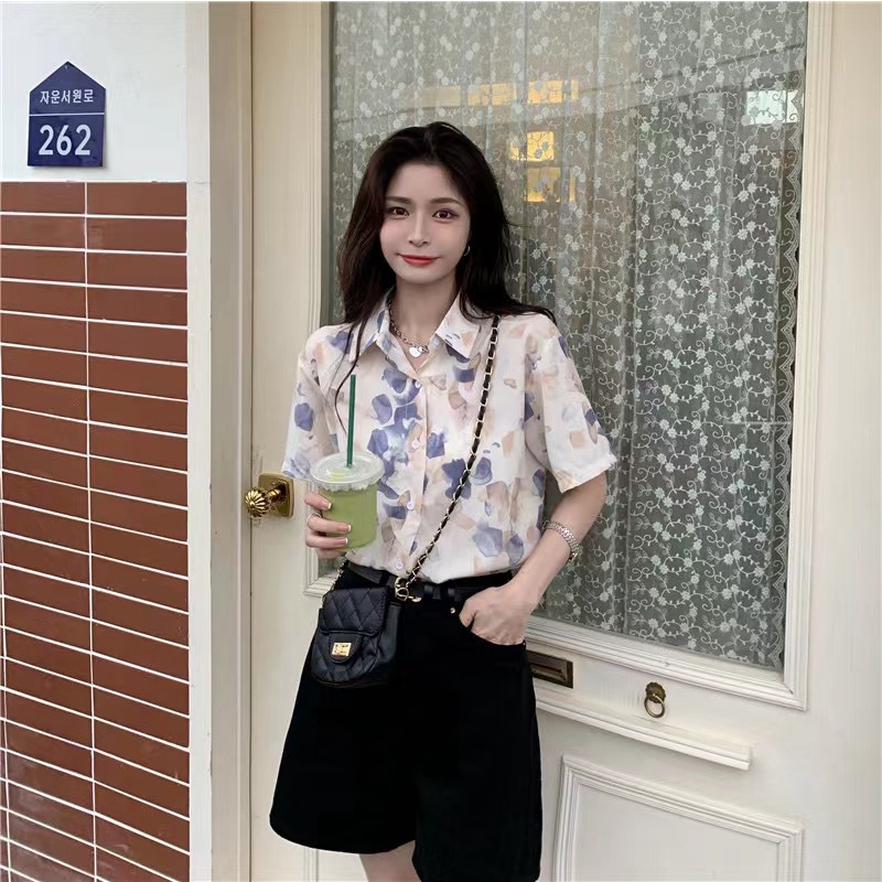 Áo sơ mi SUXI ngắn tay dáng rộng in họa tiết dễ phối đồ thời trang hè vintage cho nữ