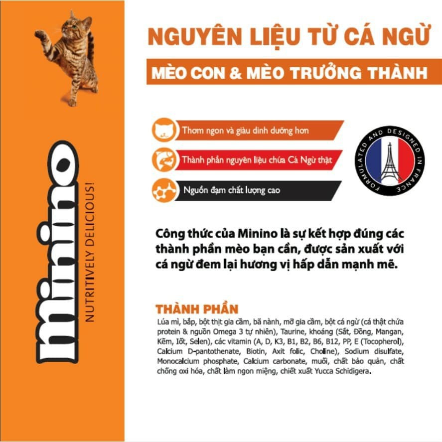 Thức ăn cho mèo MININO Vị cá hồi - Thức ăn hạt cao cấp cho mèo, dùng cho mèo mọi lứa tuổi