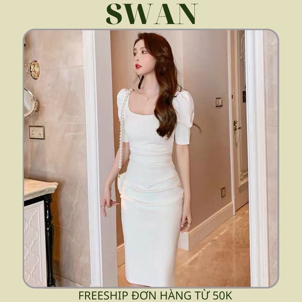 Váy thiết kế body WHITE cổ vuông tay lỡ sang chảnh