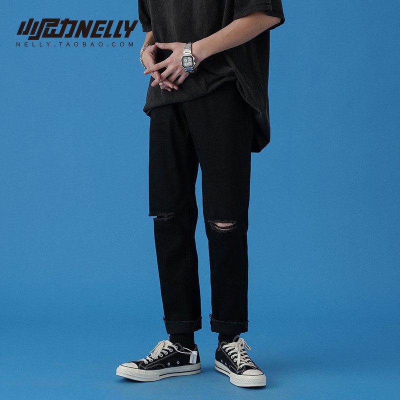 Quần baggy nam nữ đen rách gối , quần jeans ống rộng , dáng xuông , không phai màu phong cách Hàn Quốc - SIÊU HOT