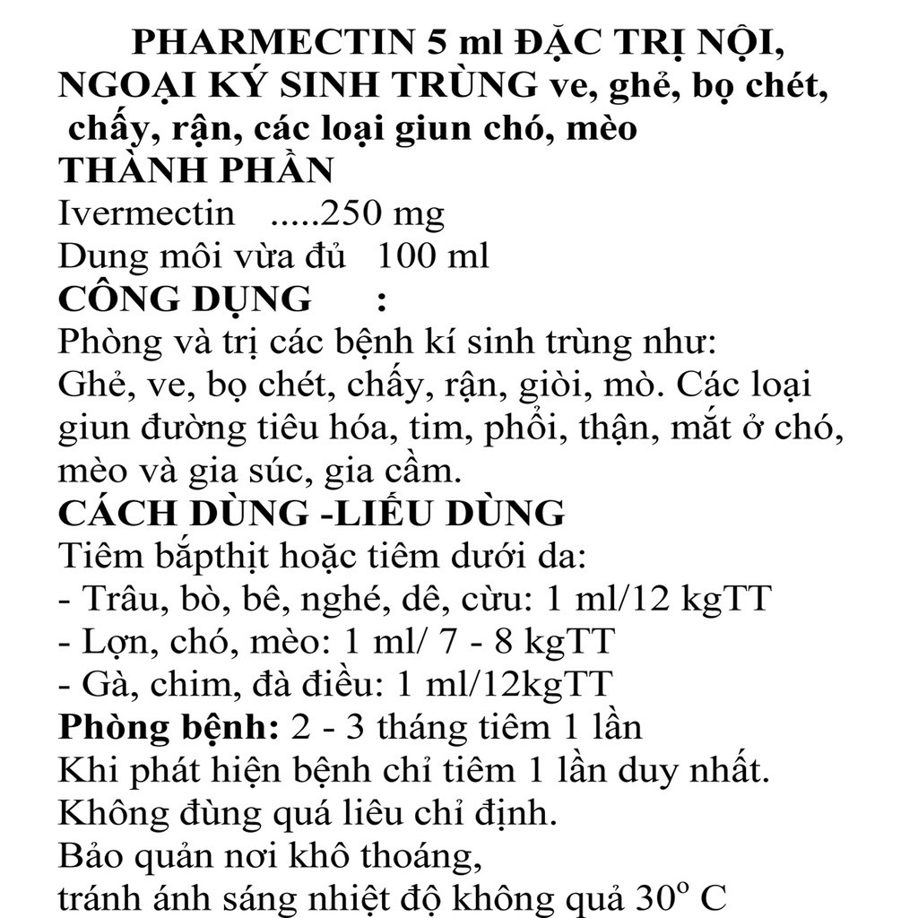 1 lọ PHARMECTIN 5 ml đặc trị nội, ngoại ký sinh trùng, ve ghẻ chó mèo