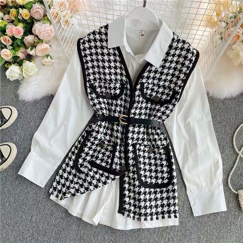 Set áo dạ gile + sơ mi + thắt lưng