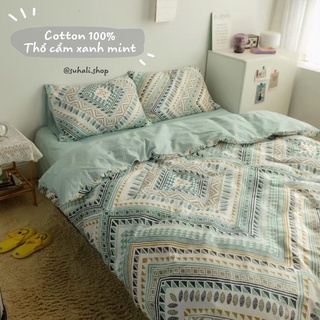 Bộ chăn ga giường Cotton 100% thổ cẩm xanh mint Suhali,100% Cotton thoáng mát thấm hút mồ hôi