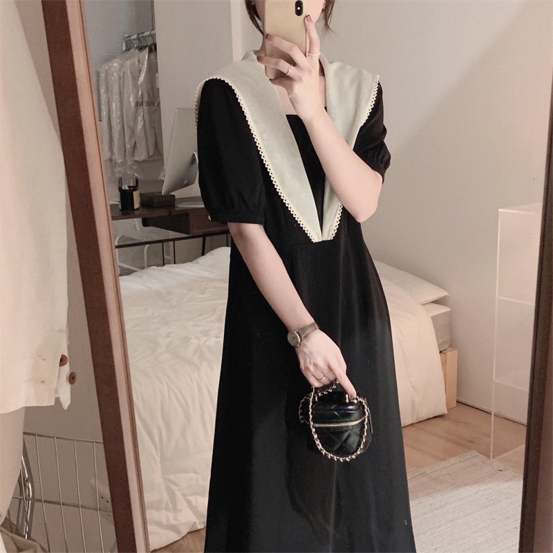 Váy suông phối cổ viền ren phong cách Hàn Quốc