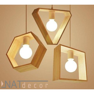 Đèn thả trần trang trí bằng khung gỗ tự nhiên hình đa giác - kèm bóng edison, dây, đui và đế ốp trần