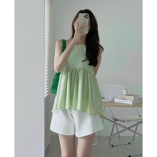 [Freeship] Hình thật - Set áo yếm peplum và short trắng hack tuổi, tôn da