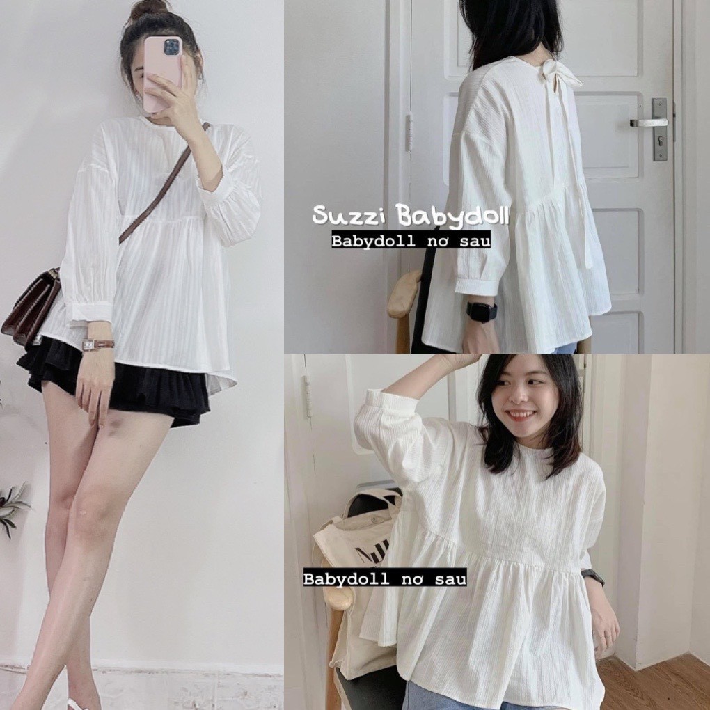 Áo babydoll thô đũi dài tay nơ lưng, áo kiểu ulzzang xinh xắn form rộng