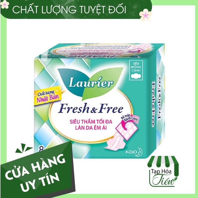 Băng Vệ Sinh Laurier Fresh &amp; Free Siêu thấm Chống Tràn Siêu Mỏng Cáng - Không Cánh 8miếng