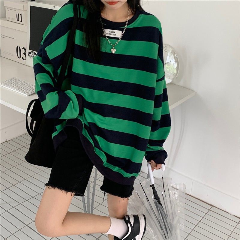Áo sweater Dáng Rộng Họa Tiết Kẻ Sọc Thời Trang Mùa Thu Hàn Quốc 2022 Mới