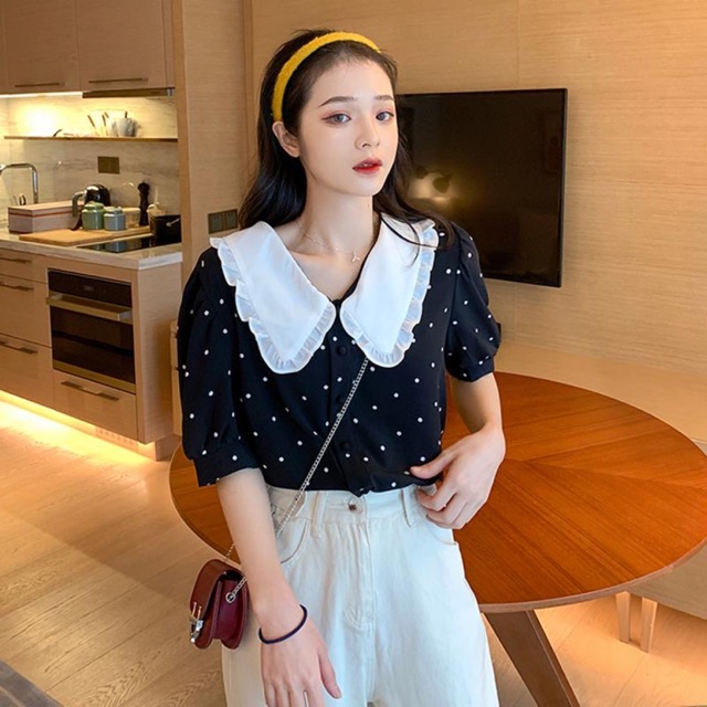 (Order ) Bigsize M-4XL Áo sơ mi cổ sen viền bèo chấm bi siêu xinh