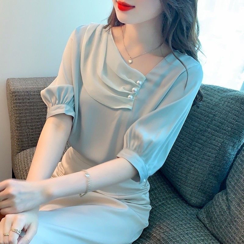 Áo chiffon thời trang hè 2022 tay ngắn dành cho nữ phong cách Pháp