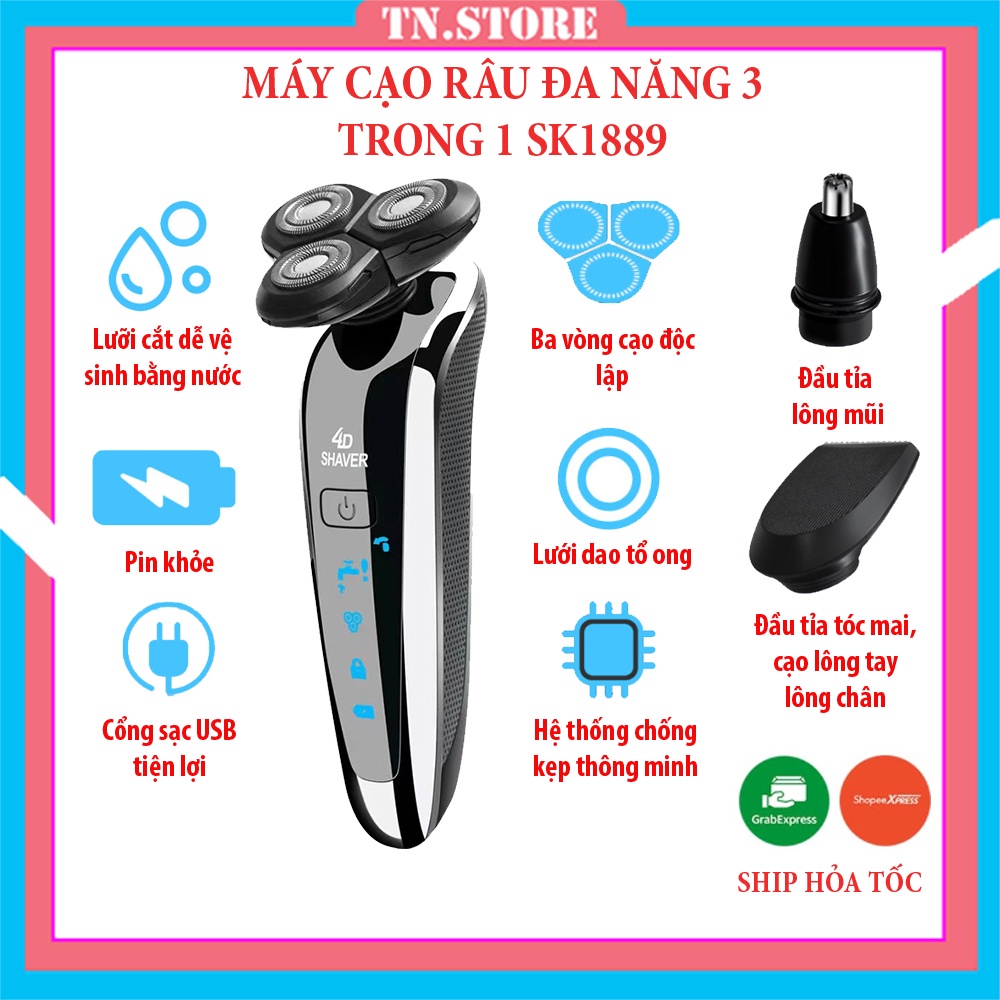 Máy cạo râu đa năng 3 trong 1 SHAVER SK1889 Sạc USB chống nước - Cạo râu,tỉa lông mũi,tông đơ - BẢO HÀNH 12 THÁNG