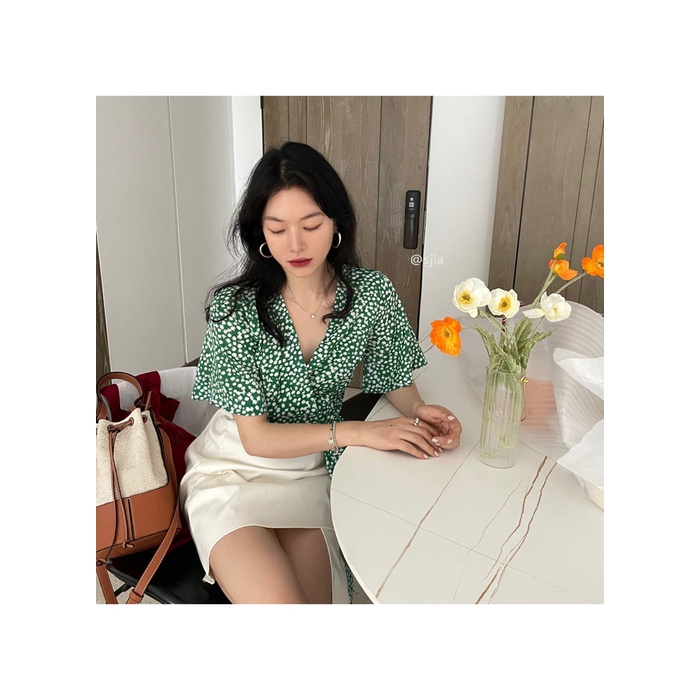 Áo Sơ Mi Ngắn Tay Cổ V Họa Tiết Hoa Phong Cách retro Nhật Bản Thời Trang Cho Nữ