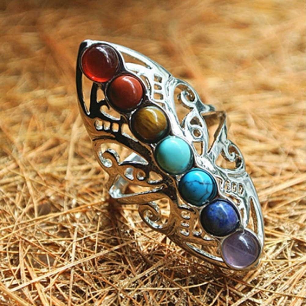 Nhẫn mạ bạc đính 7 đá luân xa chữa bệnh Reiki