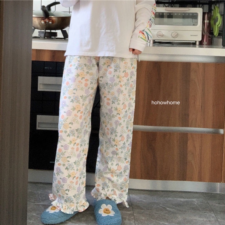 Quần dài ống rộng cạp cao họa tiết hoa phong cách Hàn Quốc thời trang trẻ trung
